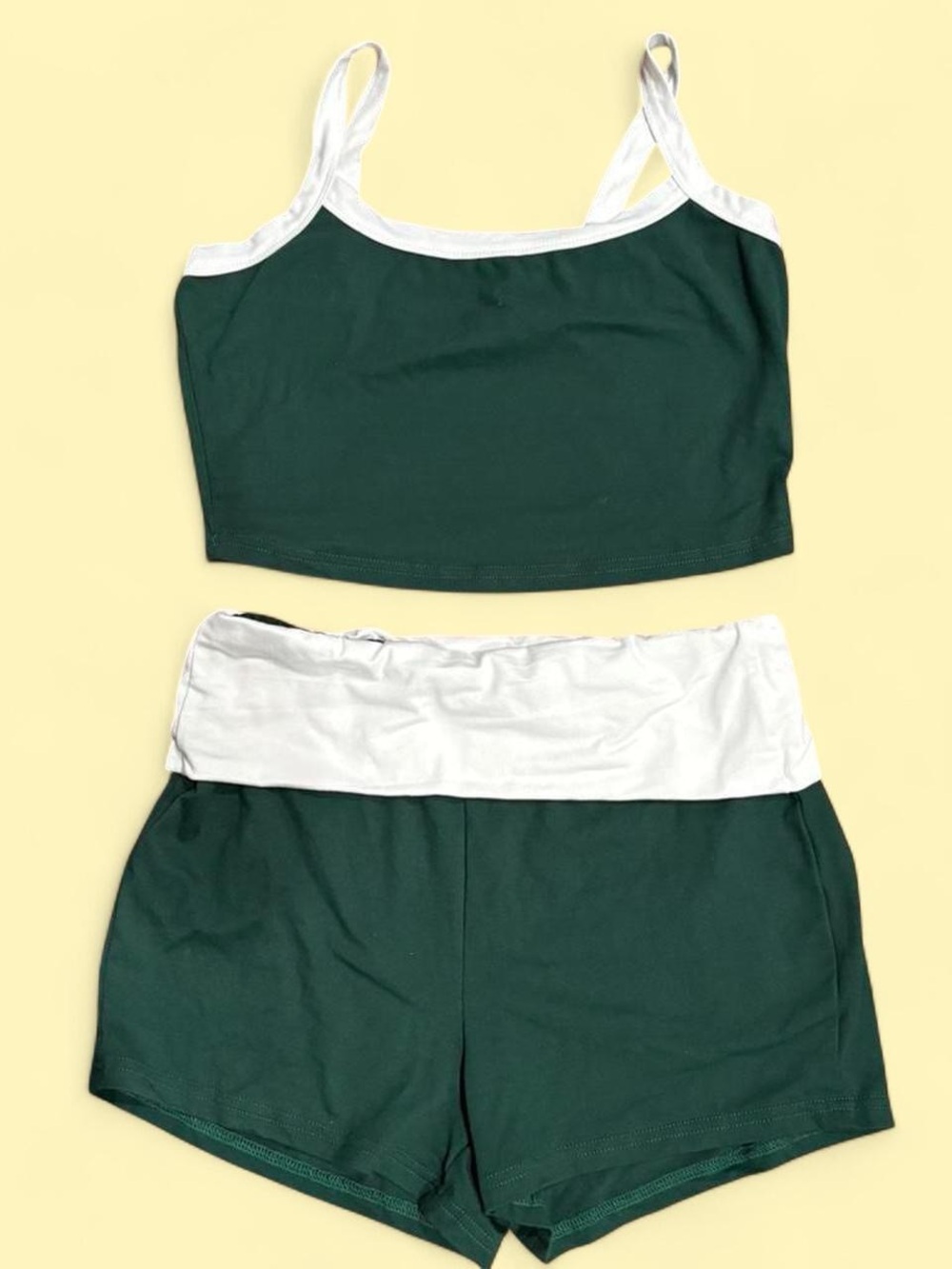 SHEIN Green Two-Piece Tank and Shorts Set with White Trim